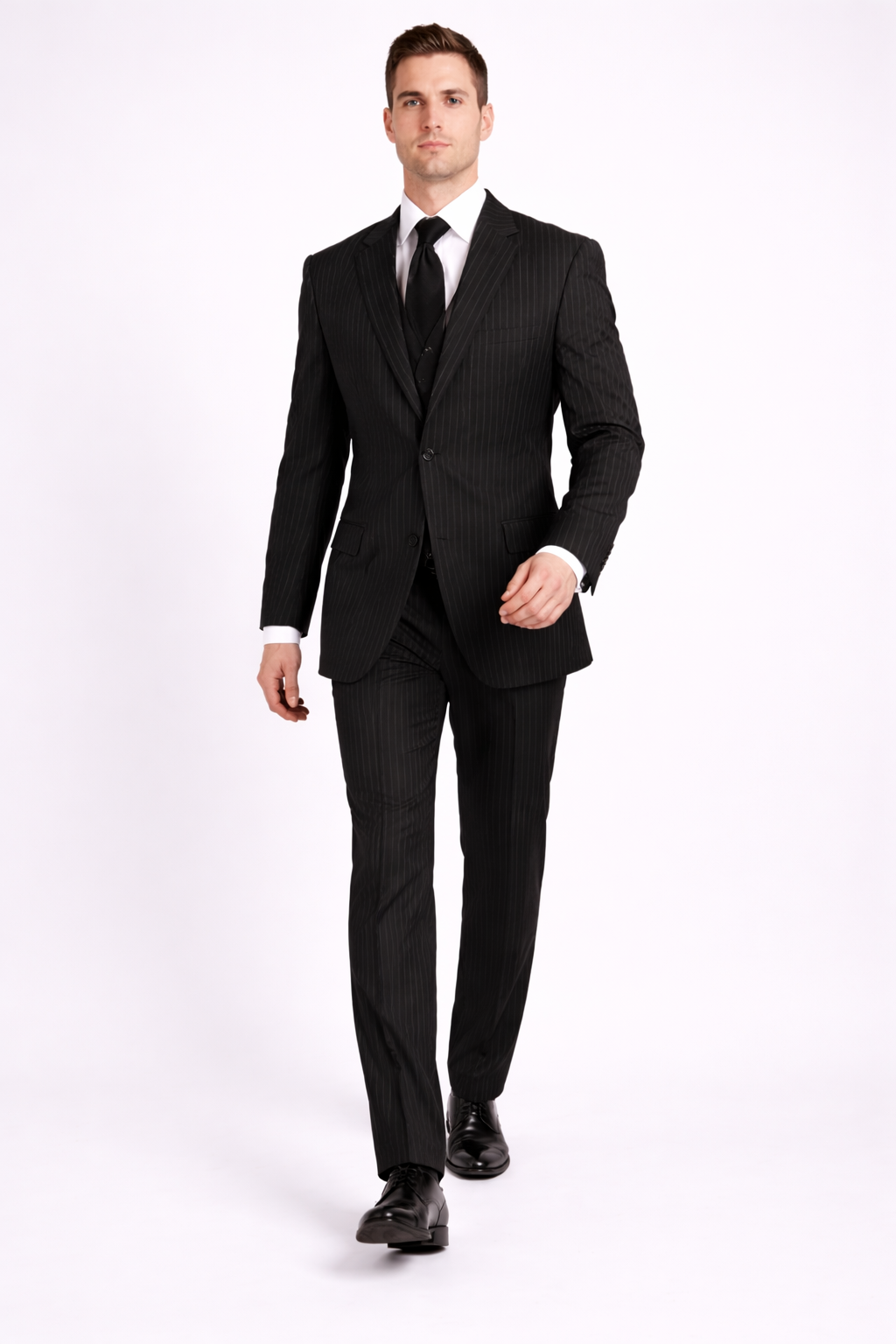 Men'S 3-Piece Black Bold White Chalk Bold Pinstripe Vested Cheap Priced Business Suit Clearance Sale