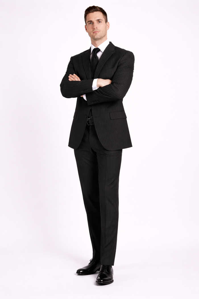 Men'S 3-Piece Black Bold White Chalk Bold Pinstripe Vested Cheap Priced Business Suit Clearance Sale
