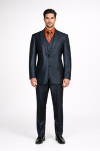 Men'S 3 Piece Sharkskin Suit Flat Front Pants Shiny Flashy Satin Silky Metallic Blue