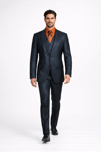 Men'S 3 Piece Sharkskin Suit Flat Front Pants Shiny Flashy Satin Silky Metallic Blue