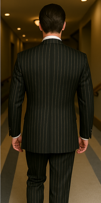 Men'S Black 2 Buttons Chalk Bold Stripe ~ Pinstripes Double Breasted Shawl Collar 1920'S 30'S Fashion Vintage Pattern No Vest Included Suit