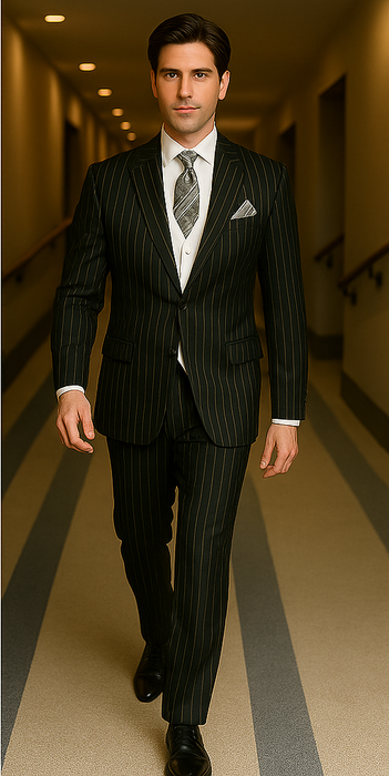 Men'S Black 2 Buttons Chalk Bold Stripe ~ Pinstripes Double Breasted Shawl Collar 1920'S 30'S Fashion Vintage Pattern No Vest Included Suit