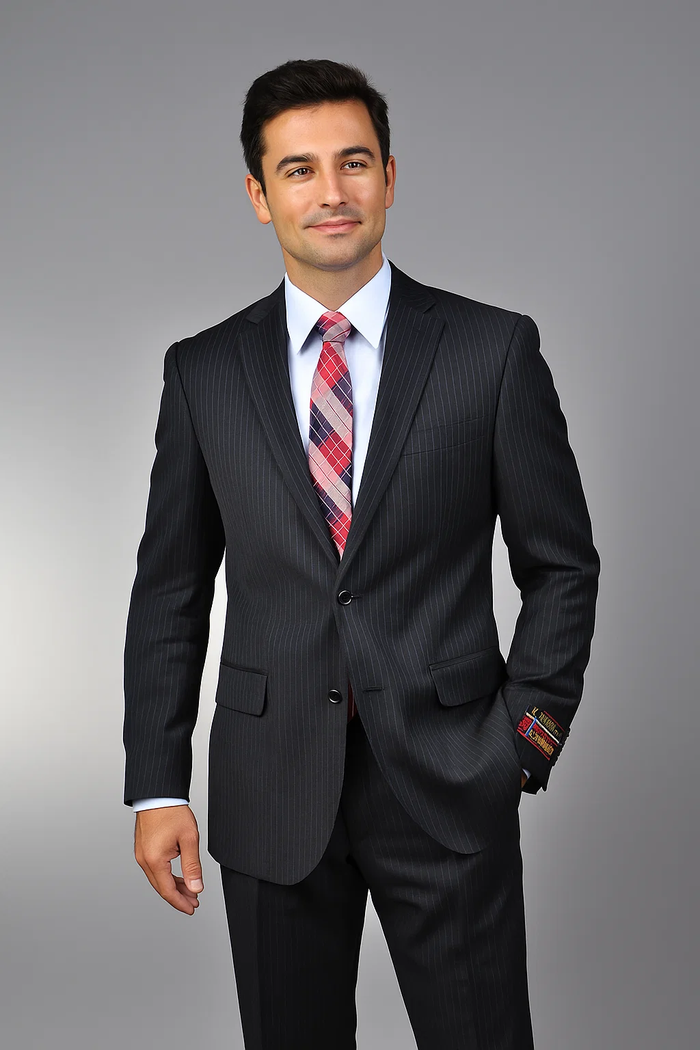 Men'S Black Pinstripe 2-Button Stripe ~ Flat Front Pants Regular Fit Cheap Priced Business Suits Clearance Sale - Image 2