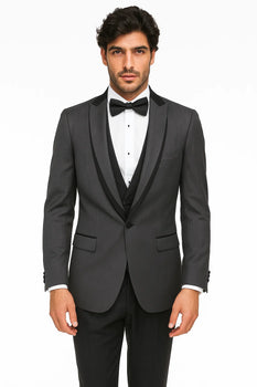 Men'S Bryan Michaels Gray And Black One Button Tuxedo With Flat Front Black Tuxedo Trousers - Image 2
