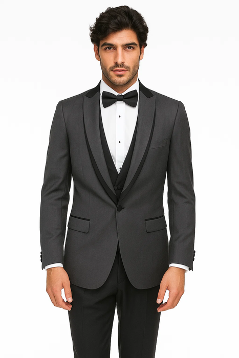 Men'S Bryan Michaels Gray And Black One Button Tuxedo With Flat Front Black Tuxedo Trousers