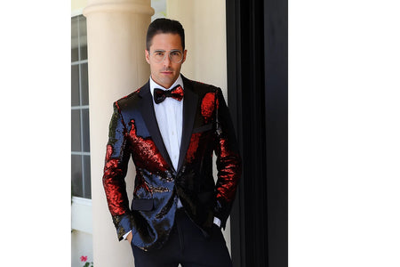 Men'S Fashion Paisley Print Tuxedo Sequin ~ Shiny ~ Flashy ~ Shark Skin Red Cheap Priced Blazer Jacket For M