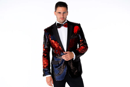Men'S Fashion Paisley Print Tuxedo Sequin ~ Shiny ~ Flashy ~ Shark Skin Red Cheap Priced Blazer Jacket For M
