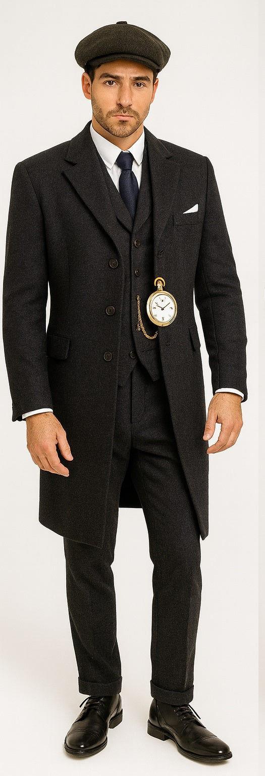 Men'S Gray Three Buttons Two Flap Front Pockets 3 Piece Peaky Blinders Suits - Peaky Blinders Outfit + Overcoat + Shirt And Hat + Boot (Like Pictured)