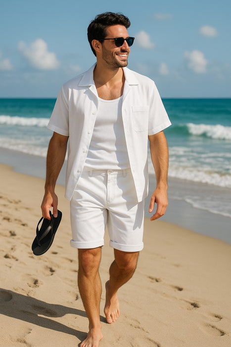 Men'S Shirt And Shorts White Color Two Piece Casual Casual Two Piece Walking Outfit For Sale Pant Sets Set Suit For Men - Mens Linen Suit