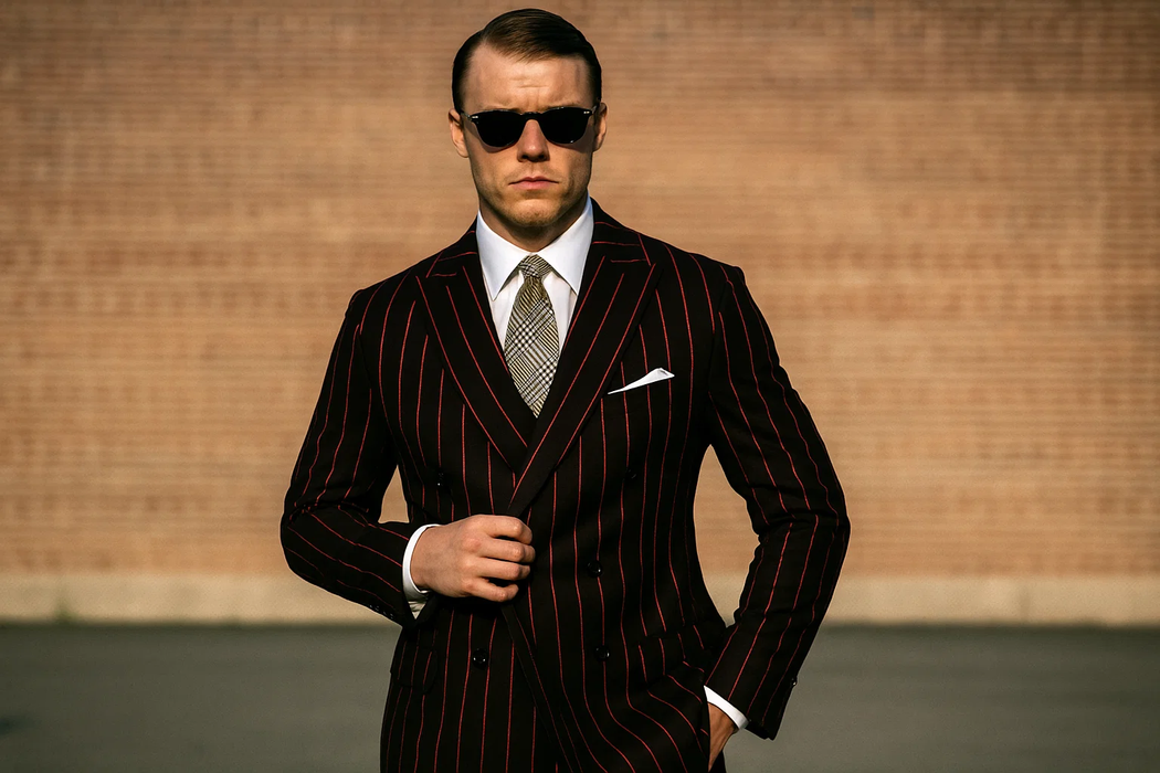 Men'S Two Black And Red Stripe 2 Buttons Bold Chalk Pinstripes ~ Stripe Peak Lapel Cheap Priced Business Suits Clearance Sale Vested 3 Piece Pleated Pants