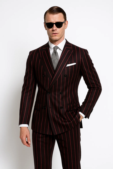 Men'S Two Black And Red Stripe 2 Button Bold Chalk Pinstripe ~ Stripe Peak Lapel Cheap Priced Business Suits Clearance Sale Vested 3 Piece Pleated Pants