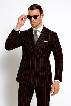 Men'S Two Black And Red Stripe 2 Button Bold Chalk Pinstripe ~ Stripe Peak Lapel Cheap Priced Business Suits Clearance Sale Vested 3 Piece Pleated Pants - Image 2
