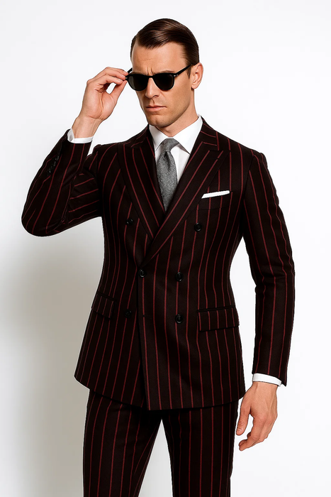 Men'S Two Black And Red Stripe 2 Button Bold Chalk Pinstripe ~ Stripe Peak Lapel Cheap Priced Business Suits Clearance Sale Vested 3 Piece Pleated Pants