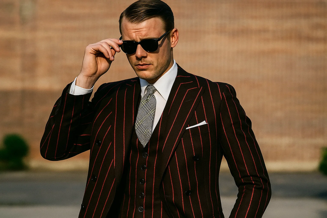 Men'S Two Black And Red Stripe 2 Buttons Bold Chalk Pinstripes ~ Stripe Peak Lapel Cheap Priced Business Suits Clearance Sale Vested 3 Piece Pleated Pants