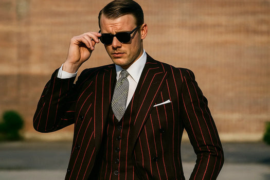 Men'S Two Black And Red Stripe 2 Buttons Bold Chalk Pinstripes ~ Stripe Peak Lapel Cheap Priced Business Suits Clearance Sale Vested 3 Piece Pleated Pants - Image 2