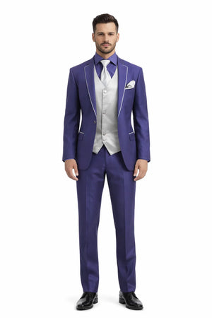 Men'S Two Toned Trimmed Jacket With Matching Satin Vest And Hankie Purple
