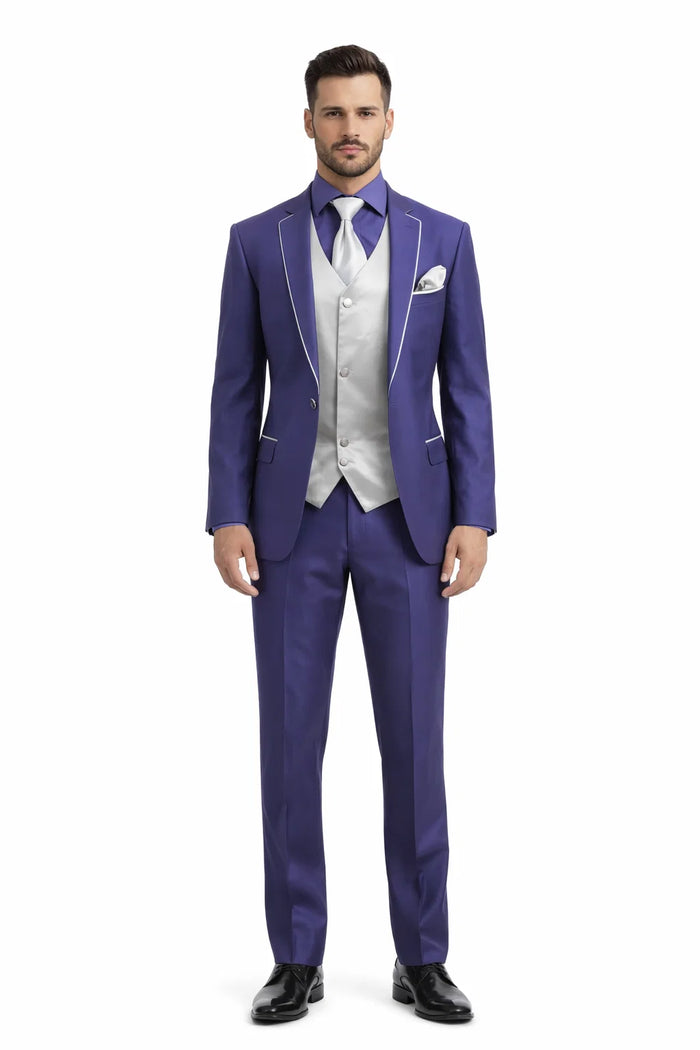 Men'S Two Toned Trimmed Jacket With Matching Satin Vest And Hankie Purple