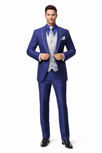 Men'S Two Toned Trimmed Jacket With Matching Satin Vest And Hankie Purple