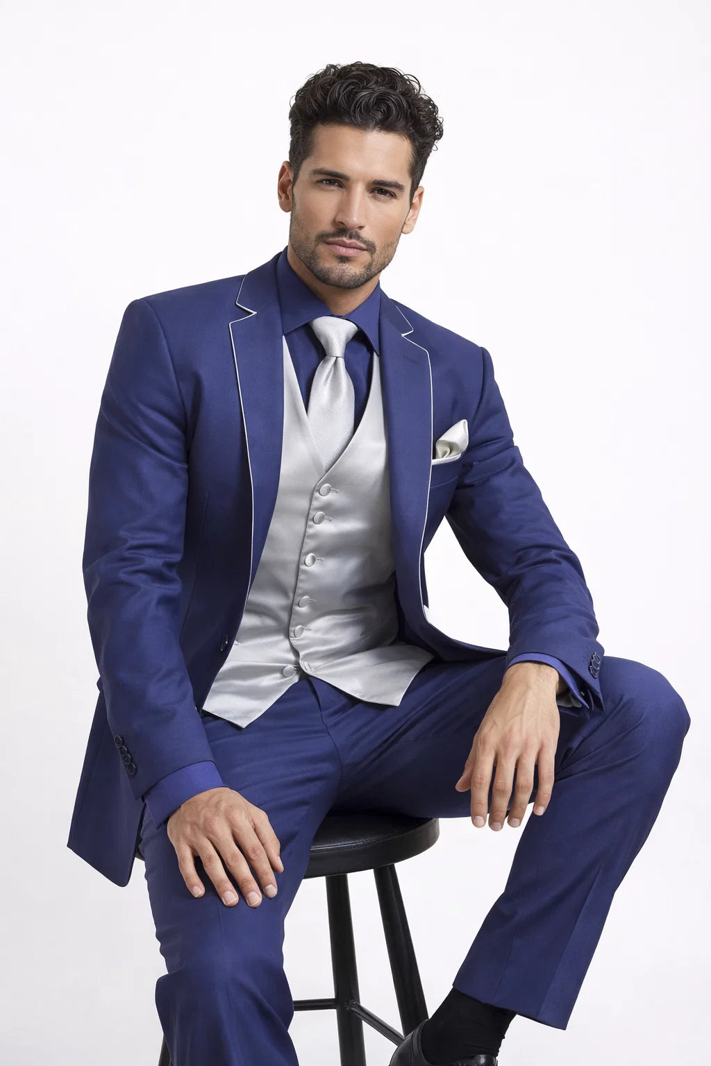 Men'S Two Toned Trimmed Jacket With Matching Satin Vest And Hankie Purple