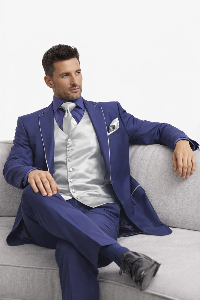 Men'S Two Toned Trimmed Jacket With Matching Satin Vest And Hankie Purple