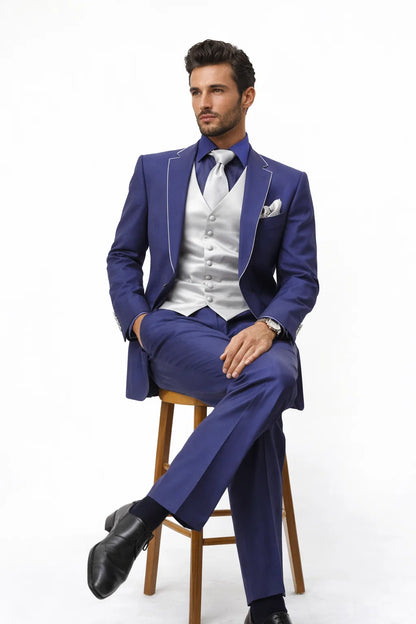 Men'S Two Toned Trimmed Jacket With Matching Satin Vest And Hankie Purple