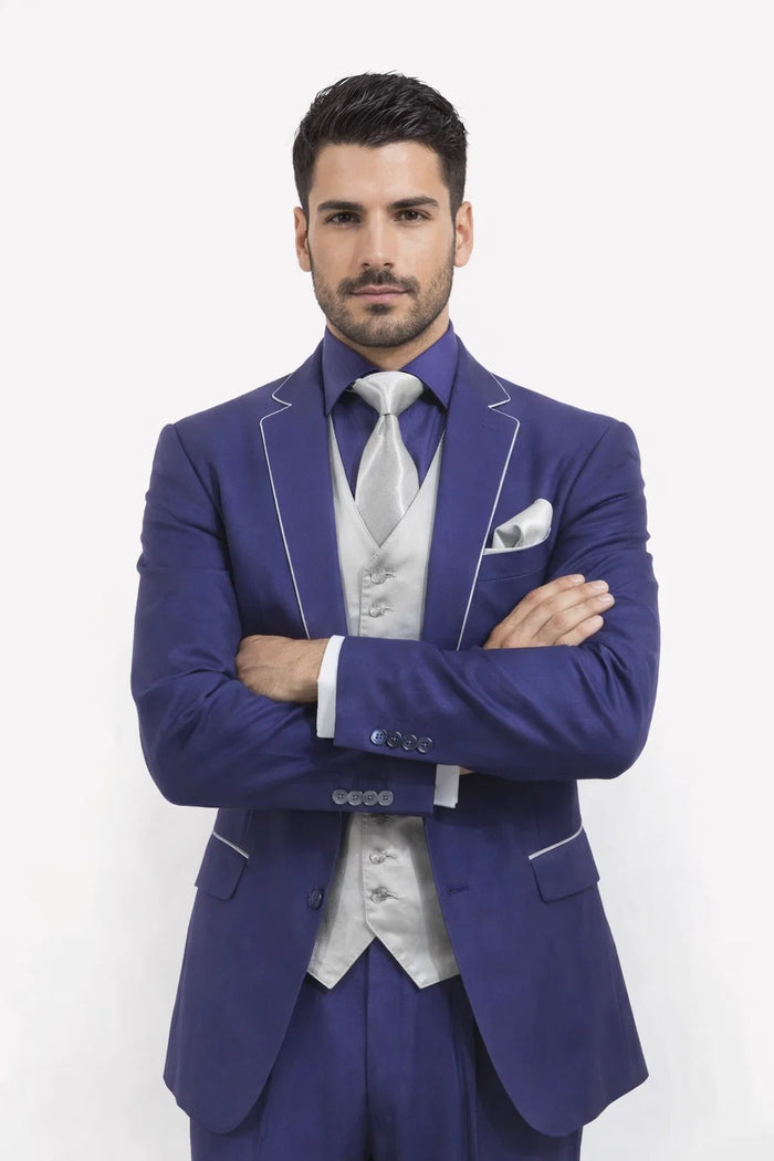 Men'S Two Toned Trimmed Jacket With Matching Satin Vest And Hankie Purple
