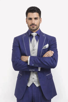 Men'S Two Toned Trimmed Jacket With Matching Satin Vest And Hankie Purple