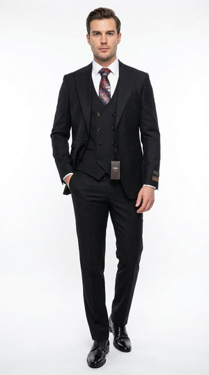Tiglio Men’s Black 3 Piece Suit – Classic Formal Business Suit with Vest for Wedding and Special Occasion
