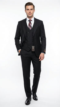 Tiglio Men’s Black 3 Piece Suit – Classic Formal Business Suit with Vest for Wedding and Special Occasion
