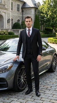 Tiglio Men’s Black 3 Piece Suit – Classic Formal Business Suit with Vest for Wedding and Special Occasion