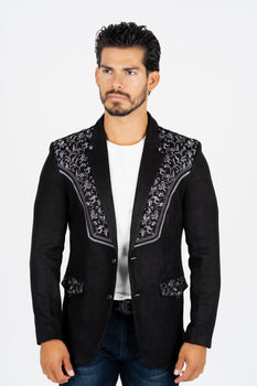 Men’s Black Faux Suede Embroidered Dinner Blazer – Modern Fit Formal Jacket