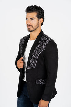 Men’s Black Faux Suede Embroidered Dinner Blazer – Modern Fit Formal Jacket