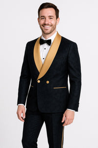 Men's Black and Gold Shawl Lapel Tuxedo with Jacquard Texture – Wedding & Prom Suit - Image 3