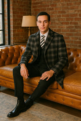Men's Black and White Windowpane Plaid Overcoat – Classic Full Length Wool Blend Dress Coat