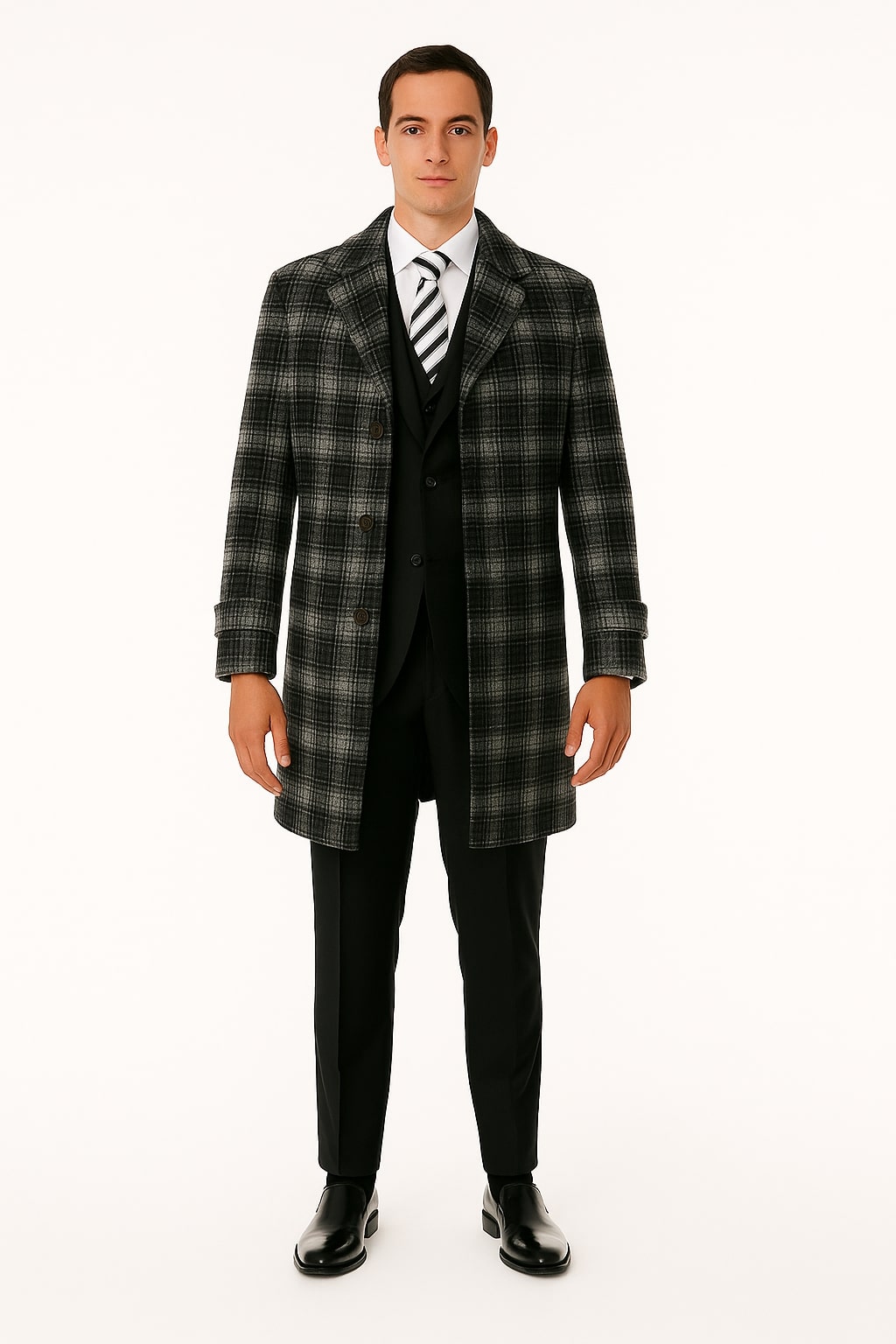 Men's Black and White Windowpane Plaid Overcoat – Classic Full Length Wool Blend Dress Coat - Image 2