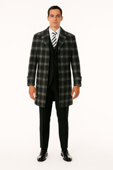 Men's Black and White Windowpane Plaid Overcoat – Classic Full Length Wool Blend Dress Coat - Image 2