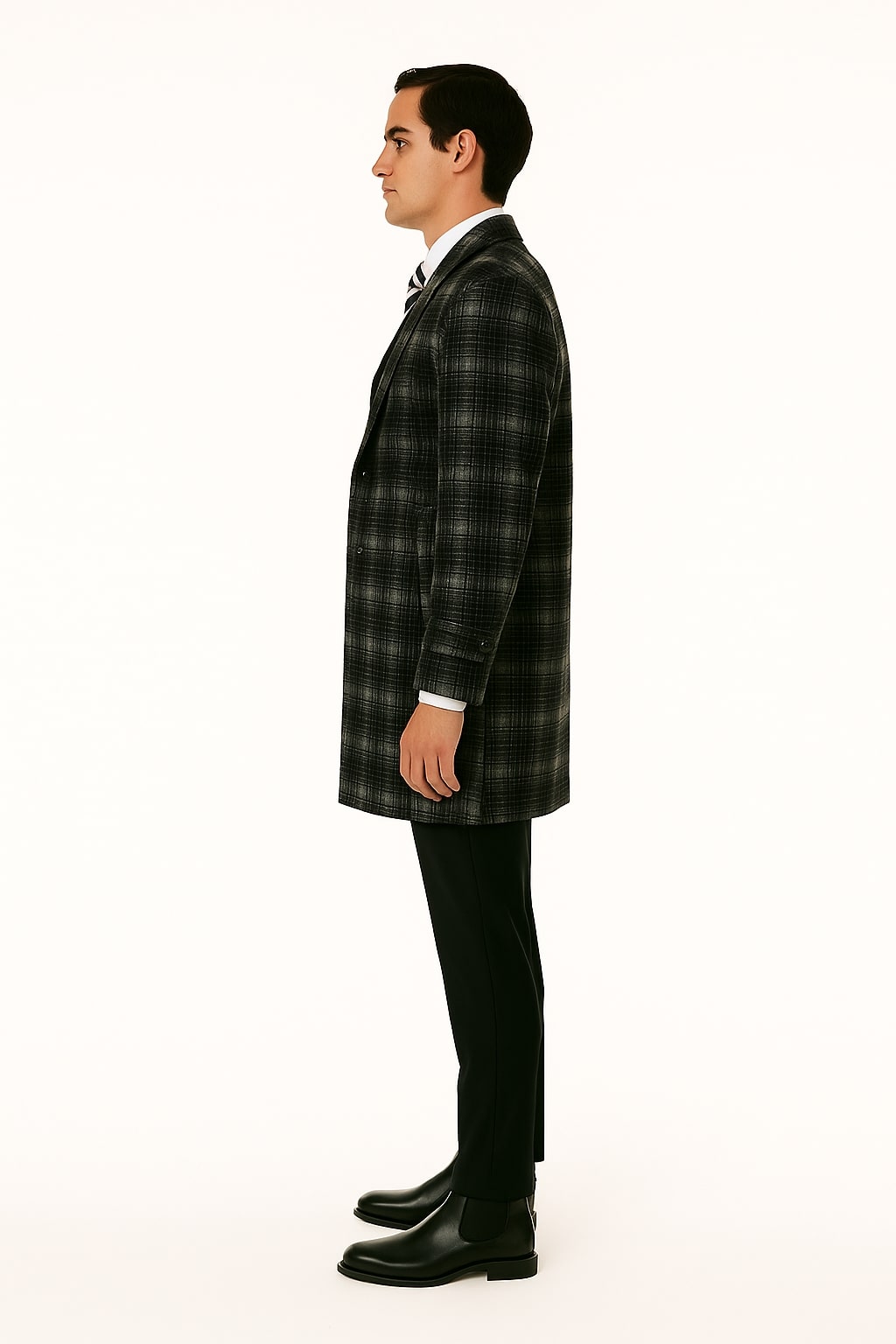 Men's Black and White Windowpane Plaid Overcoat – Classic Full Length Wool Blend Dress Coat - Image 3