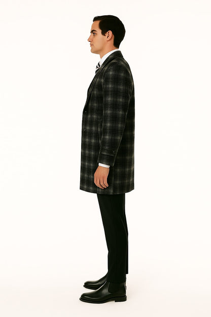 Men's Black and White Windowpane Plaid Overcoat – Classic Full Length Wool Blend Dress Coat - Image 3