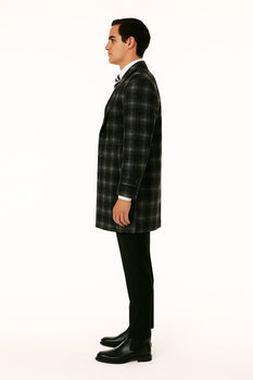 Men's Black and White Windowpane Plaid Overcoat – Classic Full Length Wool Blend Dress Coat - Image 3