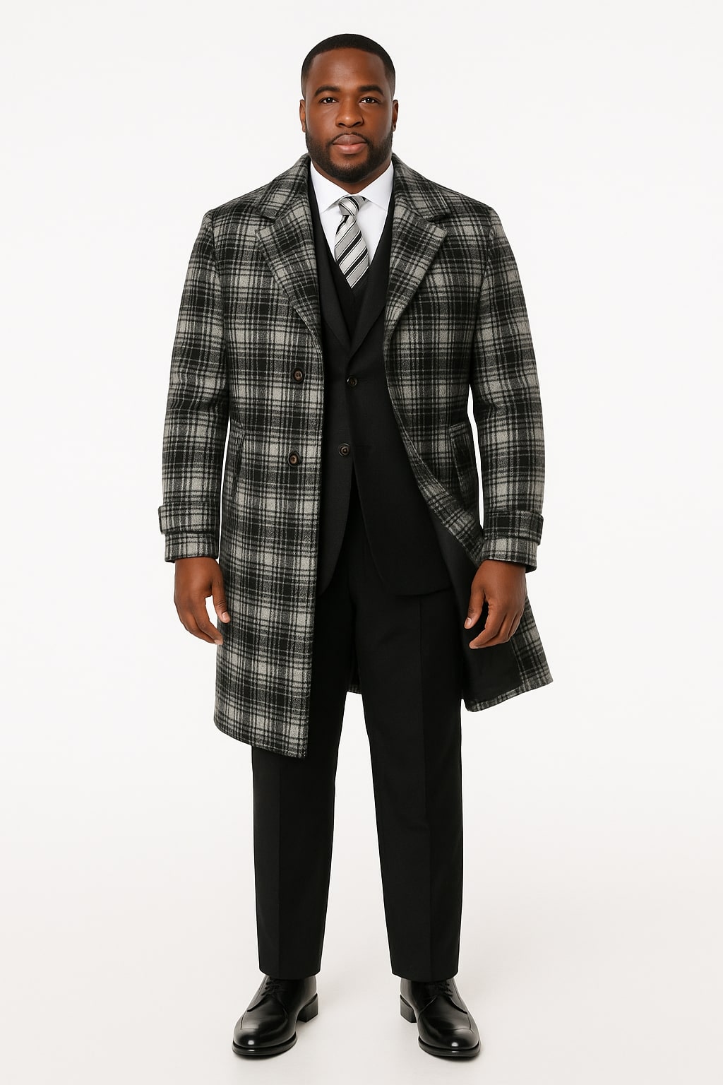 Men's Black and White Windowpane Plaid Overcoat – Classic Full Length Wool Blend Dress Coat - Image 4