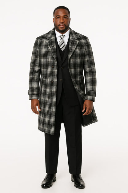 Men's Black and White Windowpane Plaid Overcoat – Classic Full Length Wool Blend Dress Coat - Image 4