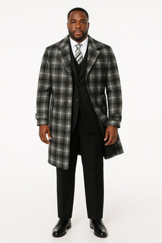 Men's Black and White Windowpane Plaid Overcoat – Classic Full Length Wool Blend Dress Coat - Image 4