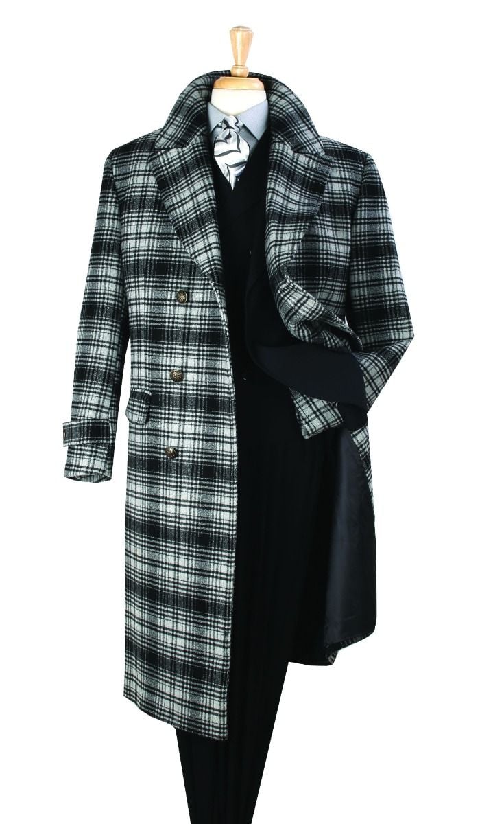 Men's Black and White Windowpane Plaid Overcoat – Classic Full Length Wool Blend Dress Coat - Image 5