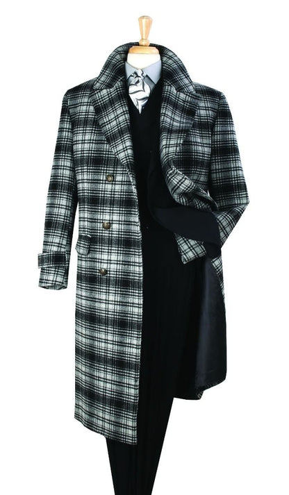 Men's Black and White Windowpane Plaid Overcoat – Classic Full Length Wool Blend Dress Coat - Image 5