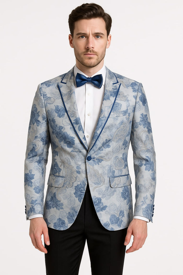 Men's Blue and Gray Tuxedo - Sky Blue Paisley Embroidered Dinner Jacket  Jacket with Satin Trim and Matching Bow Tie - Image 2