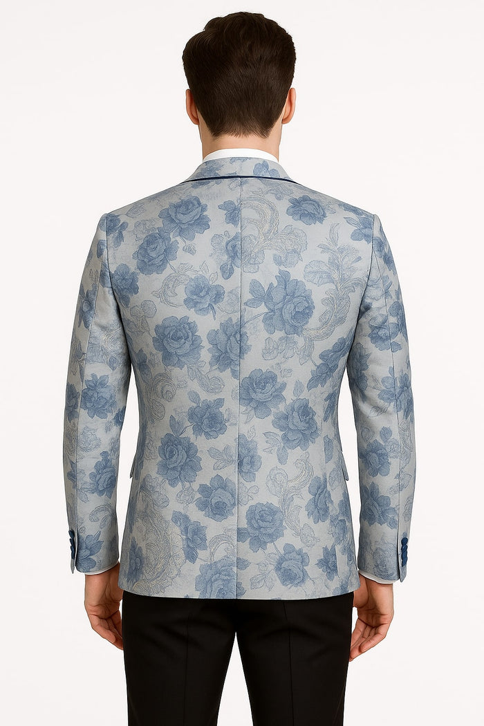 Men's Blue and Gray Tuxedo - Sky Blue Paisley Embroidered Dinner Jacket  Jacket with Satin Trim and Matching Bow Tie - Image 3