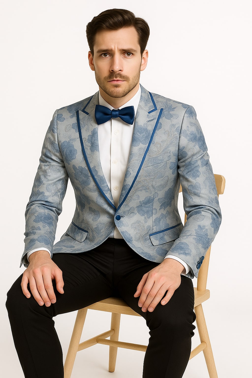 Men's Blue and Gray Tuxedo - Sky Blue Paisley Embroidered Dinner Jacket  Jacket with Satin Trim and Matching Bow Tie - Image 5