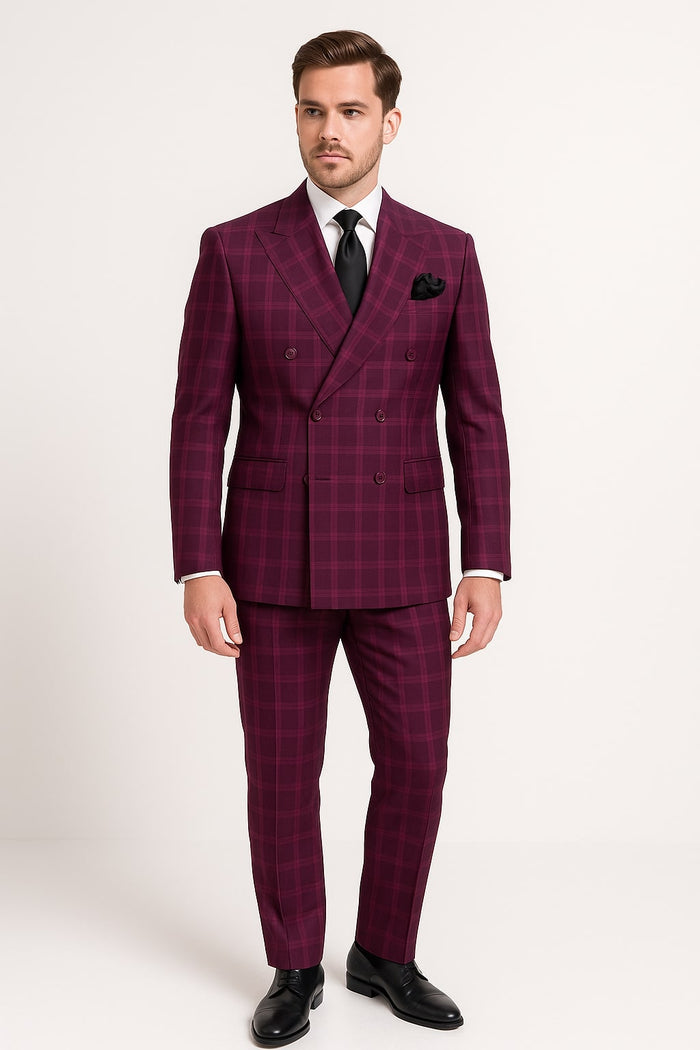 Men's Burgundy Plaid Double-Breasted Suit – Classic Windowpane Formal Two-Piece Suit By Rossiman - Image 2