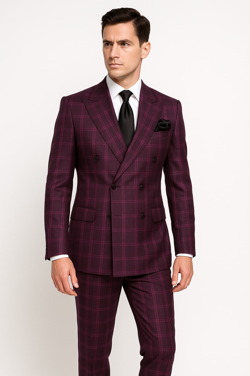 Men's Burgundy Plaid Double-Breasted Suit – Classic Windowpane Formal Two-Piece Suit By Rossiman - Image 3