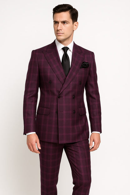 Men's Burgundy Plaid Double-Breasted Suit – Classic Windowpane Formal Two-Piece Suit By Rossiman - Image 3